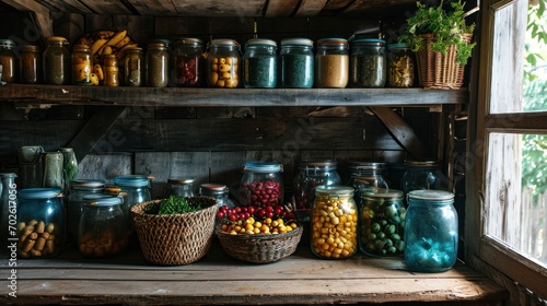 Assorted Jars and Baskets Neatly Arranged