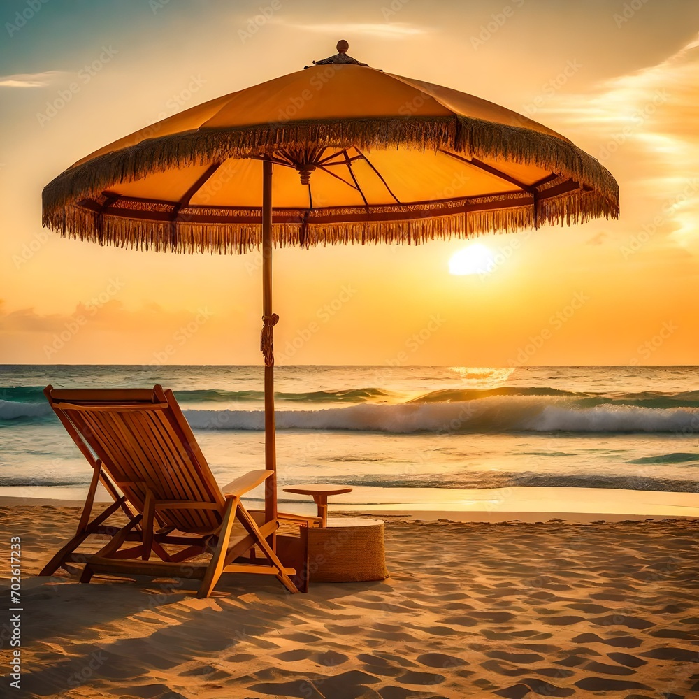 Two inviting deckchairs placed under a vibrant parasol on a tropical beach at sunset, where the warm, golden hues of the fading sun create a magical ambiance Two inviting deckchairs placed under a vibrant parasol on a tropical beach at sunset, where the warm, golden hues of the fading sun create a magical ambiance