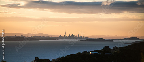 Auckland Skyline at Sunset from Waiheke Island, New Zealand