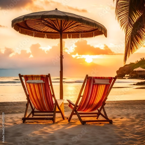 Two inviting deckchairs placed under a vibrant parasol on a tropical beach at sunset, where the warm, golden hues of the fading sun create a magical ambiance