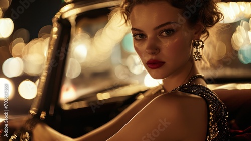 Model in Glamorous Attire and Luxury Car