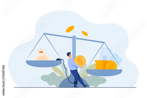 Man with ball chain on his leg and huge coin vector illustration. Sack of debt and money on scales. Debt management concept