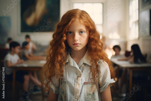 European red-haired girl, with a bored face, walks through the school auditorium