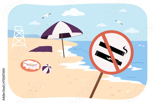 No smoking banner on beach vector illustration. Sunshade  lifebuoy and ball. Smoking ban in public places concept