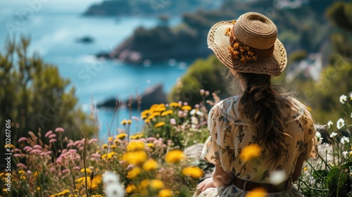 Woman in Straw Hat Overlooking Sea