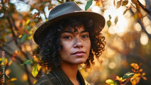 Woman with Curly Hair and Fedora in Autumn Foliage