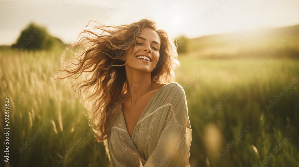 Obraz premium A happy young woman with long, flowing hair is dancing with joy in a field of tall grass, smiling and laughing. Valentine's day, Women's day and summertime concept
