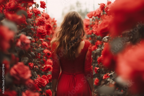 Woman in a red dress standing in a lush garden full of red roses. Valentine's day, Women's day and tenderness concept