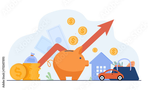 Piggy bank with coins vector illustration. Arrow up on background. Expenses for transport, food spending and utility costs. Budgeting and savings concept
