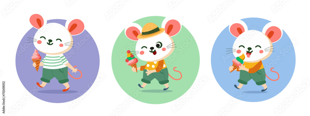 Cute cartoon stylised mice in city eating ice cream. Characters for design of children's cards, books. Vector illustration. 
