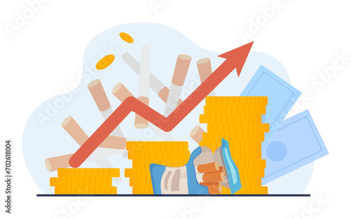 Coin stacks diagram with arrow up vector illustration with cigarettes on background. Increasing prices for cigarettes, fighting smoking concept