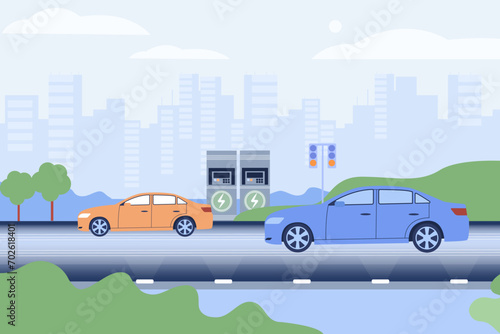 Fototapeta Naklejka Na Ścianę i Meble -  Road with special system for charging electric cars battery vector illustration. Electrified road and electric vehicles. Modern technology, electric road system concept