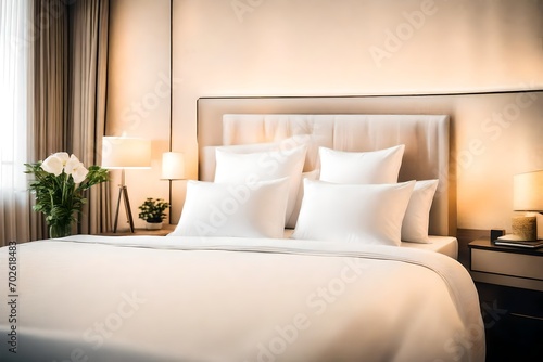 White comfortable pillow on bed decoration with light lamp in hotel bedroom interior