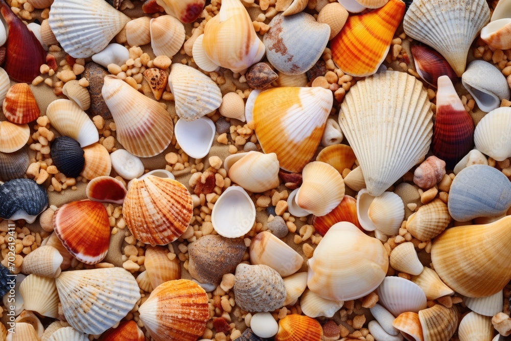 A collection of seashells scattered on the sand