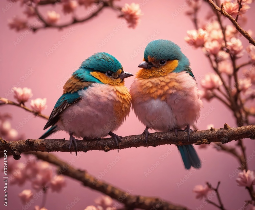 Couple of pink little cute birds sitting on a branch . Holiday Saint Valentine's day love concept. Wide screen wallpaper. Panoramic web banner with copy space for design. Couple of pink little cute birds sitting on a branch . Holiday Saint Valentine's day love concept. Wide screen wallpaper. Panoramic web banner with copy space for design.
