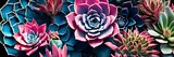 Blue and pink colorful succulents texture. Desert plants background. Top view bright cactuses, gardening, horticulture theme. Wide screen wallpaper. Panoramic web banner with copy space for design.