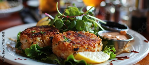 Crab cakes topped with lettuce, lemon, and sauce. photo