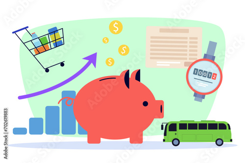 Piggy bank with coins flat vector illustration. Expenses for public transport, food spending, utility costs and bar chart with growing arrow. Budgeting and savings concept