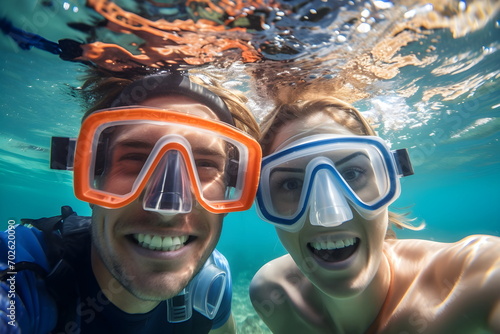 young couple snorkeling underwater in the sea
