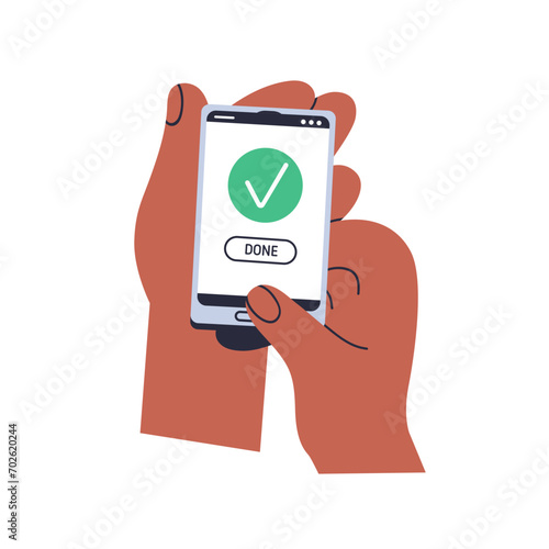 Done checkmark on mobile smart phone screen in hands. Holding smartphone with green checkbox, success symbol, approving, confirming, agreeing. Flat vector illustration isolated on white background
