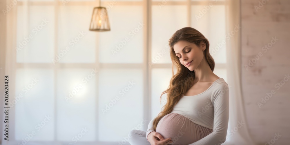 Peaceful pregnant woman in a seated stance, embracing her belly
