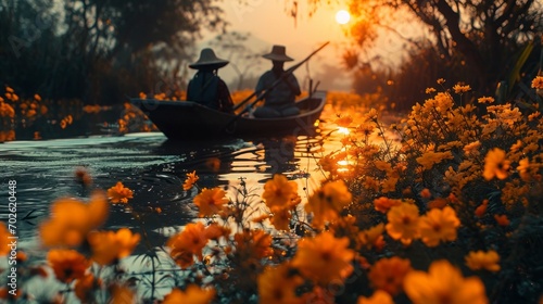 two people in a canoe on the water during the sunrise, in the style of shilin huang, video montages, photo