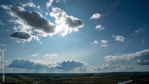 timelapse of a summer landscape, movement of beautiful clouds from the camera, blue sky, 4k.