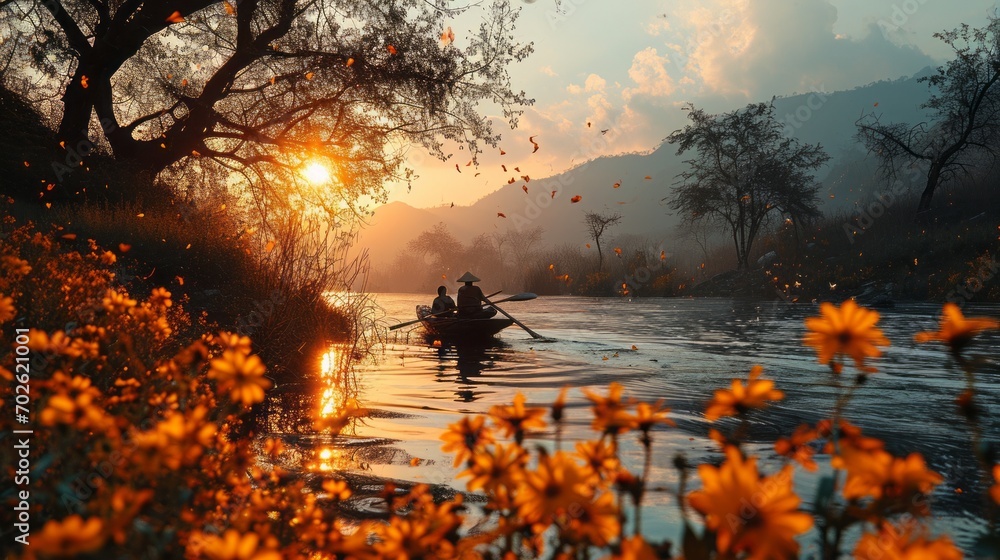 two people in a canoe on the water during the sunrise, in the style of shilin huang, video montages,