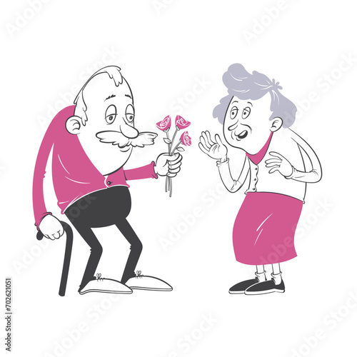 A mustached senior, offering a bouquet to an elderly woman