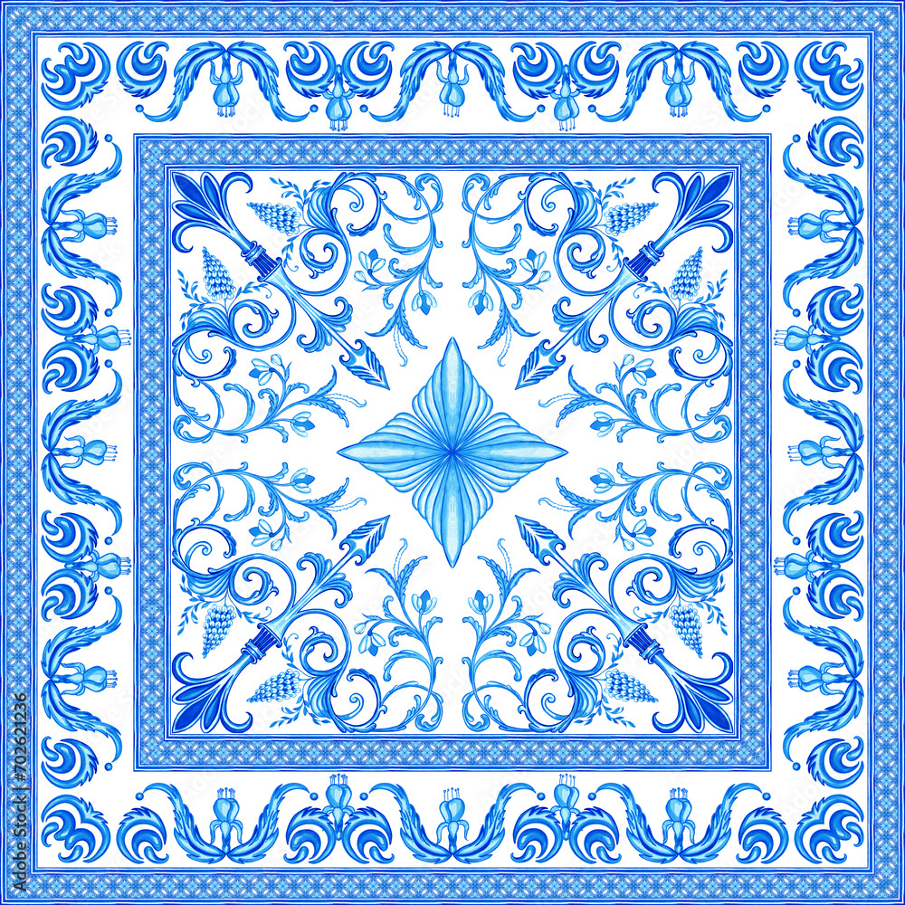 Ceramic tile design in blue colors. Sicilian seamless ornament. Baroque watercolor background. Hand drawn royal ornament. Mediterranean Italian print. Ceramic tile design in blue colors. Sicilian seamless ornament. Baroque watercolor background. Hand drawn royal ornament. Mediterranean Italian print.