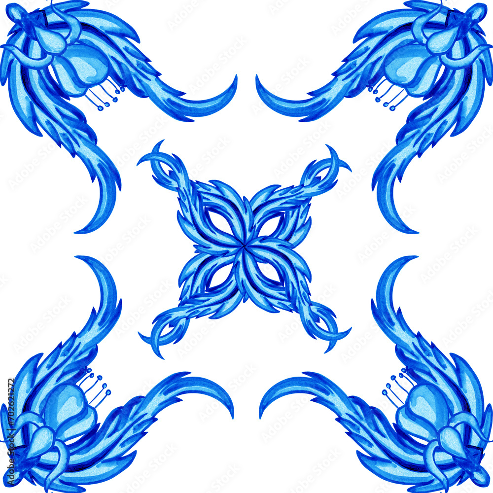 Fototapeta premium Ceramic tile design in blue colors. Sicilian seamless ornament. Baroque watercolor background. Hand drawn royal ornament. Mediterranean Italian print.