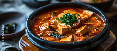 Budae-jjigae, a Korean dish, is a comforting stew containing sausage, tofu, and canned ham traditionally served in army bases. photo