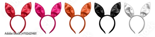 Set of satin silk red pink brown orange black white bunny rabbit hare ears headband headgear on transparent background cutout, PNG file. Many different colours. Mockup template for artwork design 