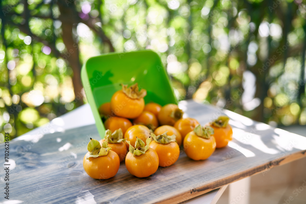 Persimmons spilled out of a green bowl on a wooden table on the balcony