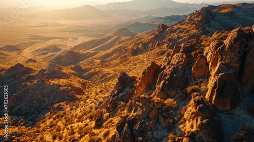 Aerial Photography, bird's-eye view of the Mojave Desert, late afternoon,diverse desert landscape, deep oranges and browns, cacti and rock formations.