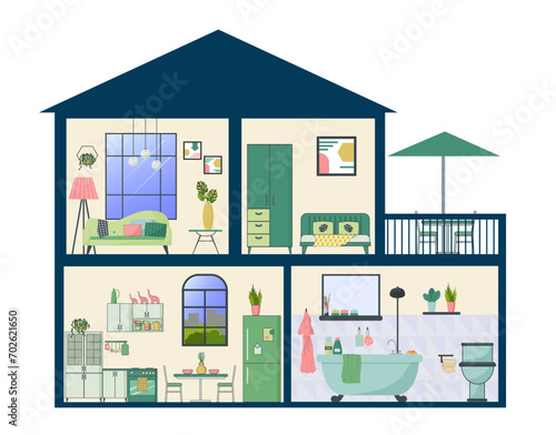 Doll house with detailed house interior. Furniture fittings. Modern style. Kitchen with window, bathroom, living room and bedroom, veranda for relaxing with an umbrella. Vector flat illustration.