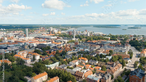 Vasteras, Sweden. Panorama of the city with the town hall and Lake Malaren. Summer day, Aerial View