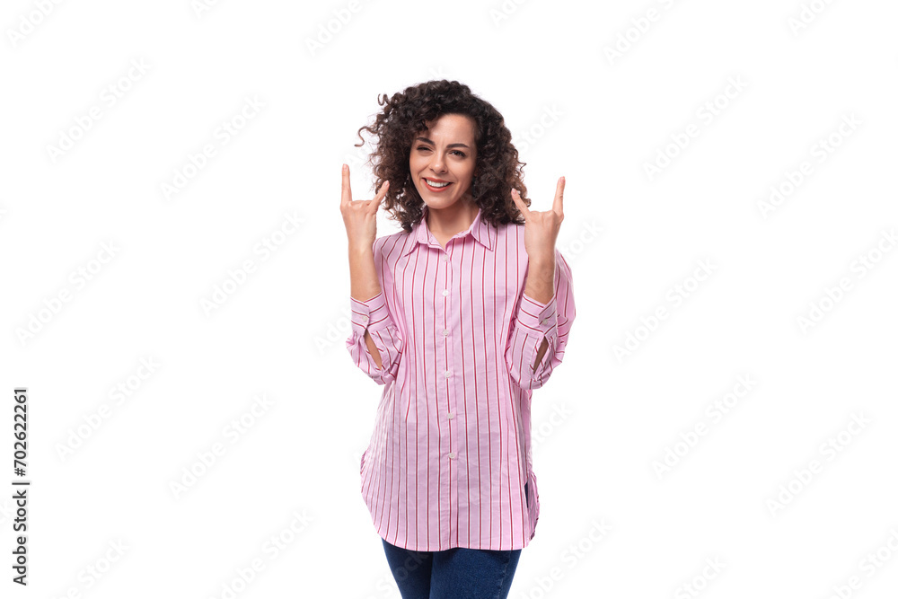 young office worker woman dressed in a striped pink shirt on a white background young office worker woman dressed in a striped pink shirt on a white background