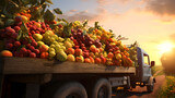 Vintage truck carrying various types of fruits in an orchard with sunset. Concept of food transportation, logistics and cargo.