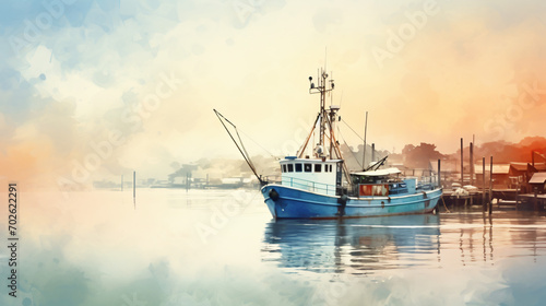 Fishing boat in harbor at morning watercolor painting photo