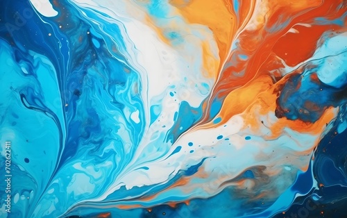 Luxury fluid art texture. Background with abstract paint effect. Liquid effect. Marble inspiration. Blue and orange colors. Interior design