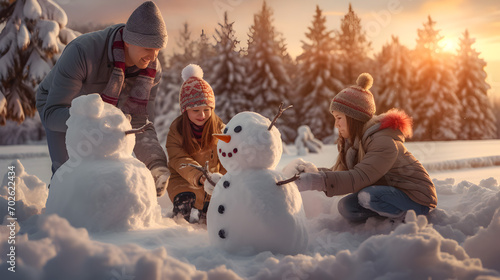 Young family building snowman in winter countryside with snow covered surface, spruce and fir trees and sunset in the background. photo