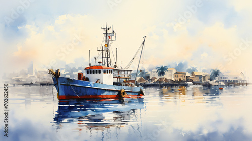 Fishing boat in harbor at morning watercolor painting