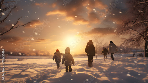 Group of children running away from camera  having fun outdoors in winter field with forest  snow cover  trees in the background with setting sun.