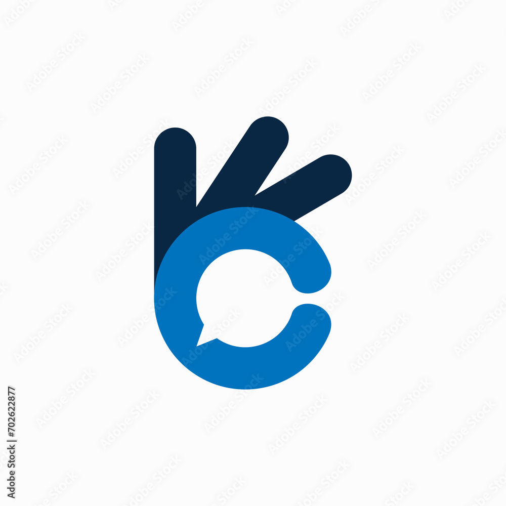 Good Comment Logo with Bubble chat with Okay finger sign on white Background Good Comment Logo with Bubble chat with Okay finger sign on white Background