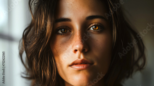 portrait of woman with freckles soulful brown eyes intense gaze