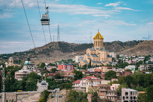 View of the Sameba Cathedral and the Tbilisi ropeway,  in Tbilisi old town, Georgia