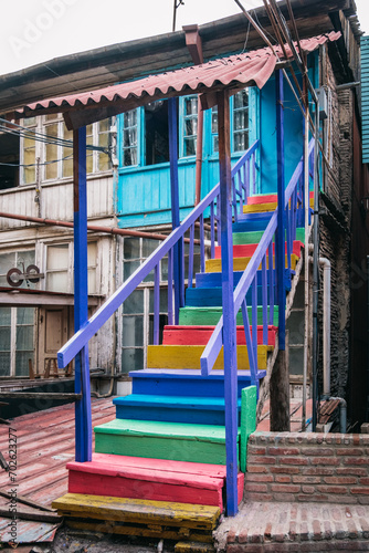 Colorful staircase of an old decayed house in Kldisubani, Tbilisi old town, Georgia