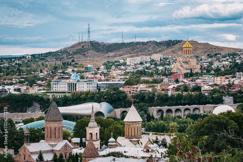View on Sameba Cathedral, the Palace of Ceremonies (Avlabari residence), the Rike music Theater, the Sioni Cathedral and the Norashen church in Old Tbilisi, Georgia