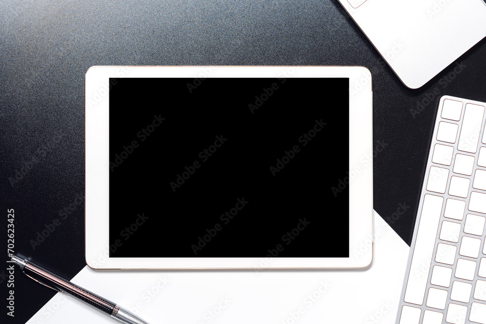 Mock up black screen digital tablet for copy space top view office table with gadget Mock up black screen digital tablet for copy space top view office table with gadget